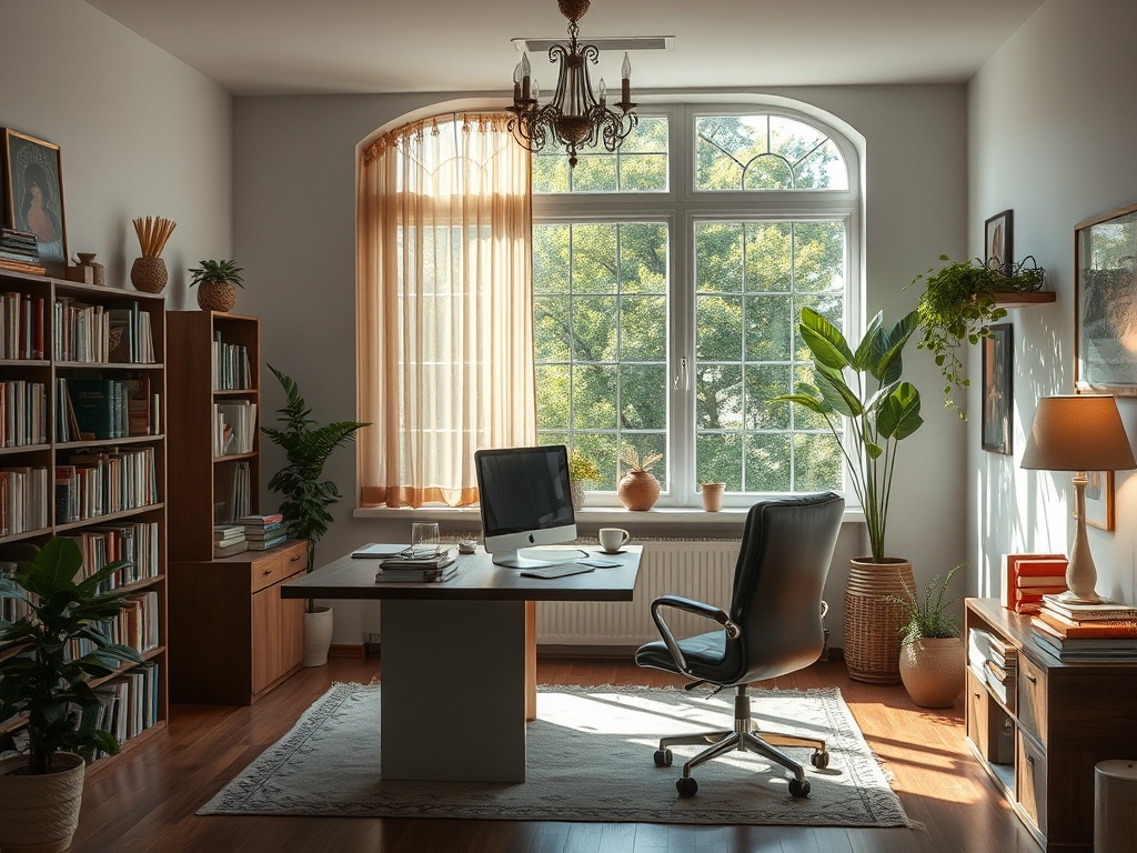 A cozy home office with a desk, chair, bookshelves, plants, and a large window letting in natural light.