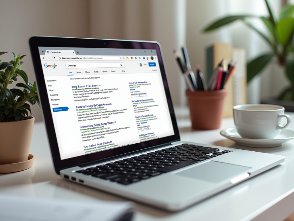 Laptop displaying Google search results, with a cup of coffee and potted plant nearby on a desk.