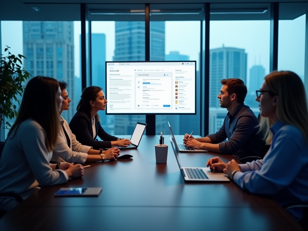 Business team in a meeting room with large screen, discussing with laptops at night.