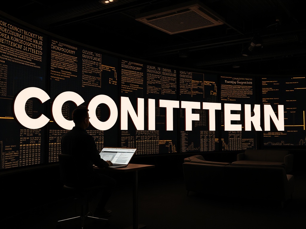 A person sits at a desk in front of illuminated screens displaying data and the word "CONNECTION."