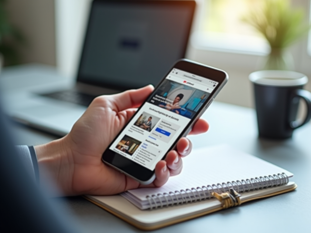 Person browsing news on smartphone with visible social media articles, seated at desk with laptop and coffee.