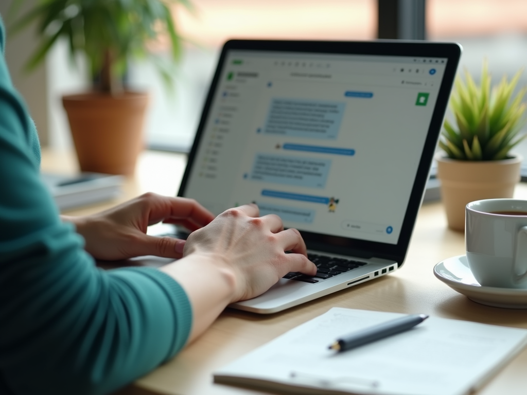 A person typing on a laptop with messaging app open, a cup of coffee, and a small plant nearby on a desk.