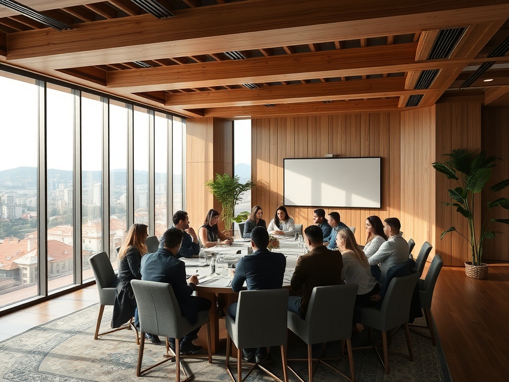 A group of individuals in a modern conference room engaged in discussion around a large table.