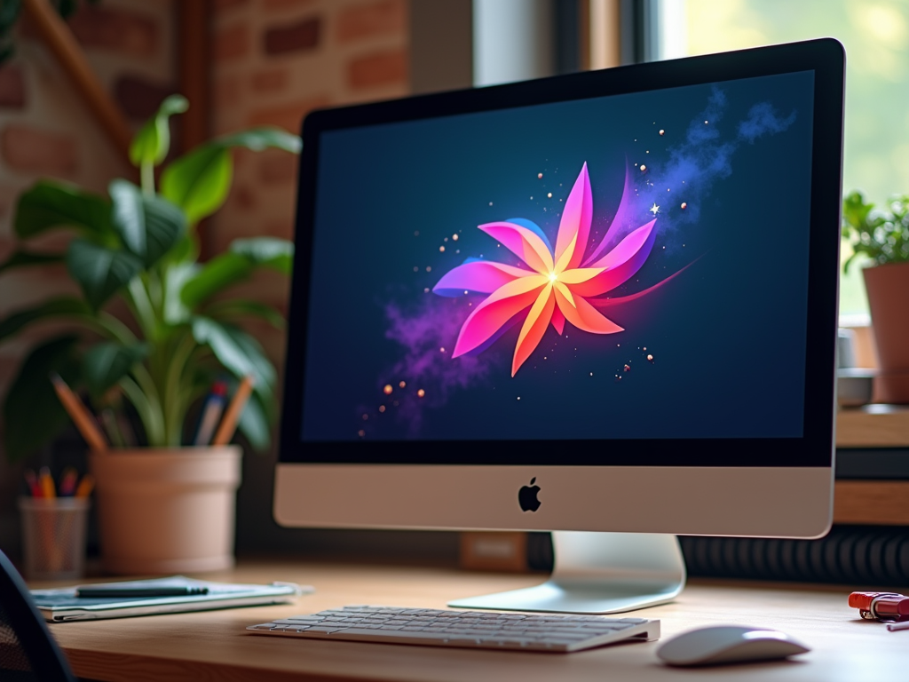 A workspace featuring an Apple computer displaying a colorful flower design on the screen, with plants in the background.