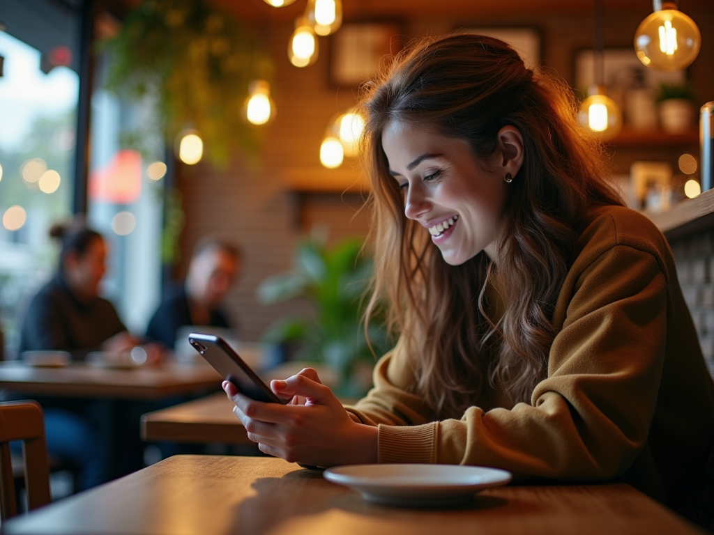 Joyful woman using smartphone in a cozy café, with blurred background of lights and patrons.