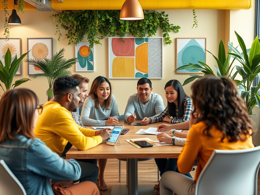 A diverse group of people discussing work around a table in a bright, plant-filled office space.
