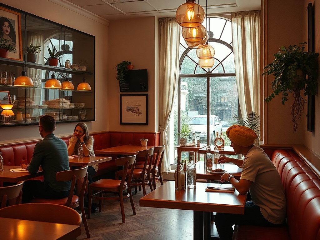 A cozy café scene with patrons at tables, large windows, and warm lighting creating a welcoming atmosphere.