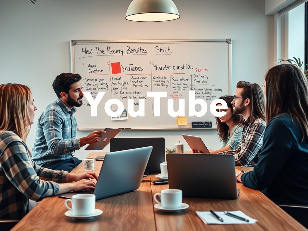 A team meeting discussing YouTube strategies, with laptops and notebooks on a conference table.