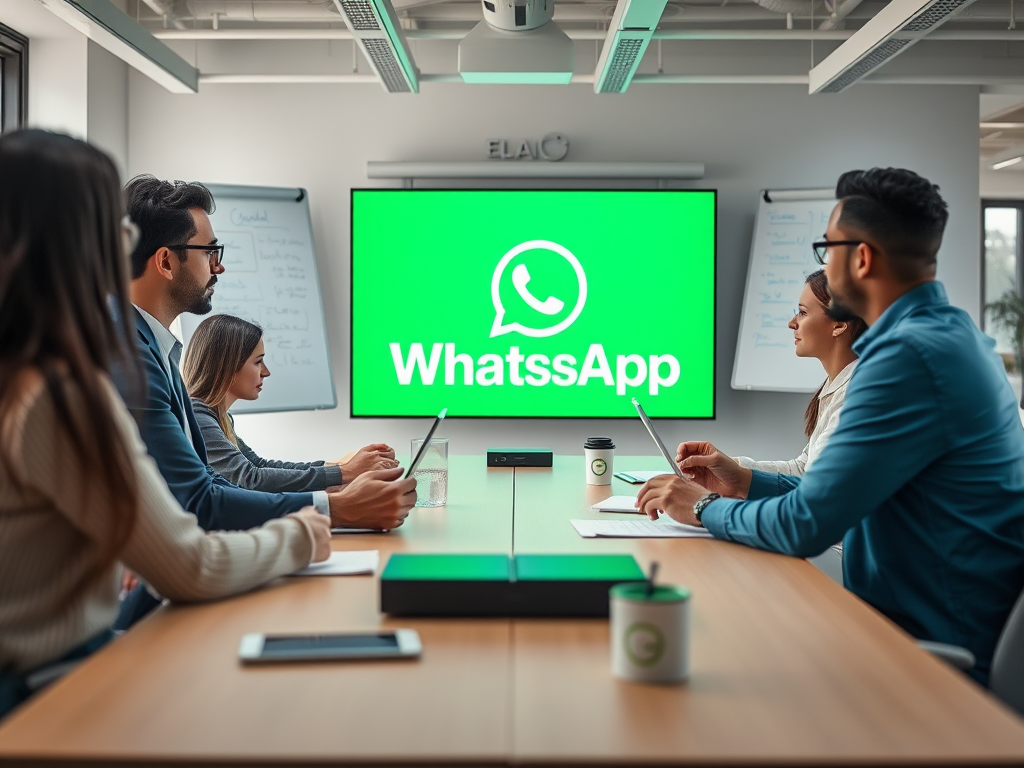 A group of professionals in a meeting room, focused on a screen displaying the WhatsApp logo.