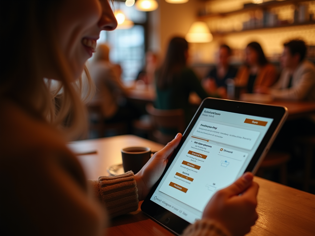 Woman smiling while browsing an e-commerce site on a tablet in a busy cafe.