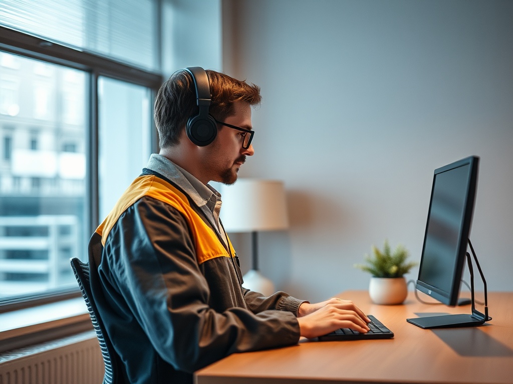 A man wearing headphones works at a desk with a computer, sitting in a well-lit room.