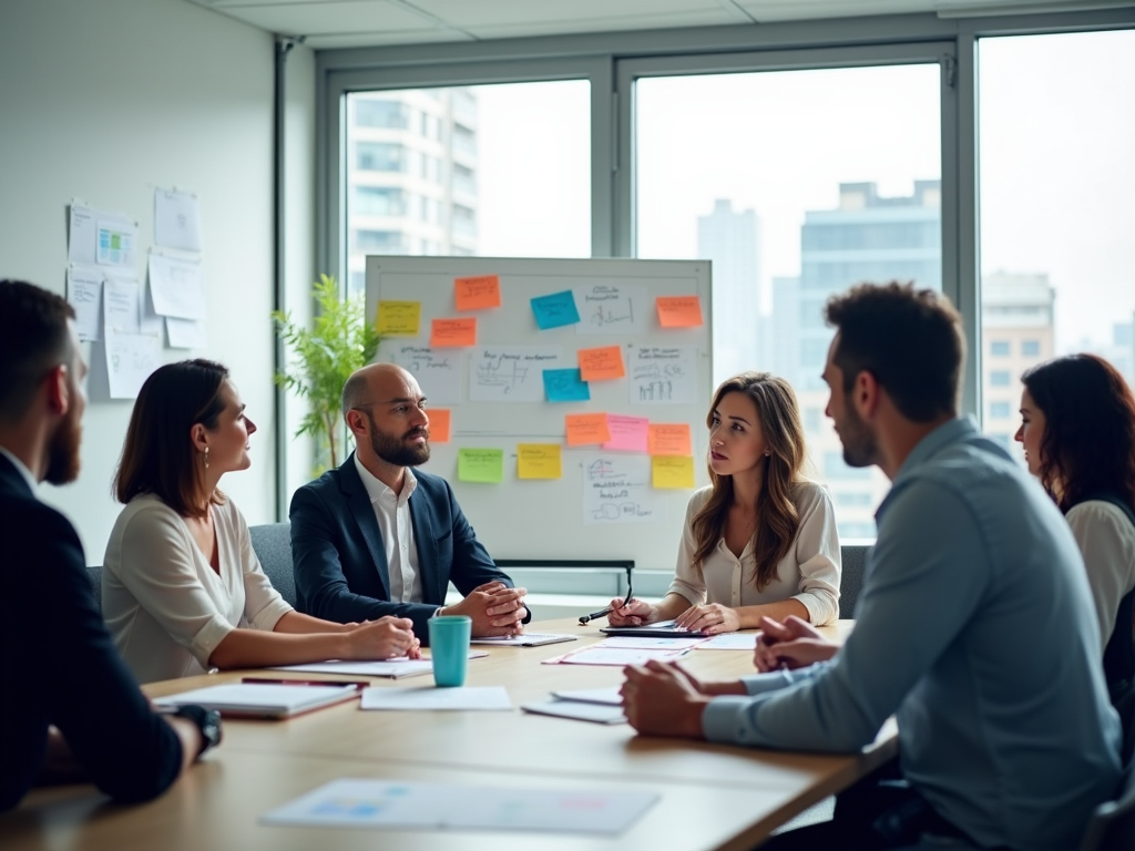 Team of professionals discussing project in a meeting room with sticky notes on whiteboard.