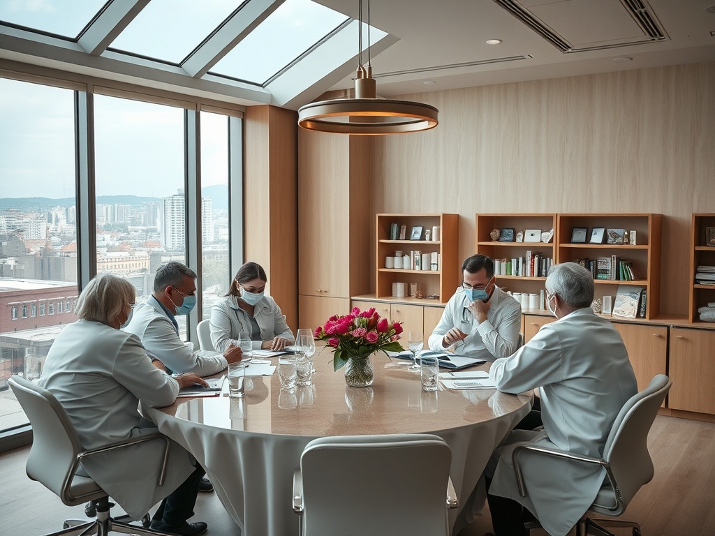 A group of five doctors in masks discusses at a round table, with a city view and flowers in the center.