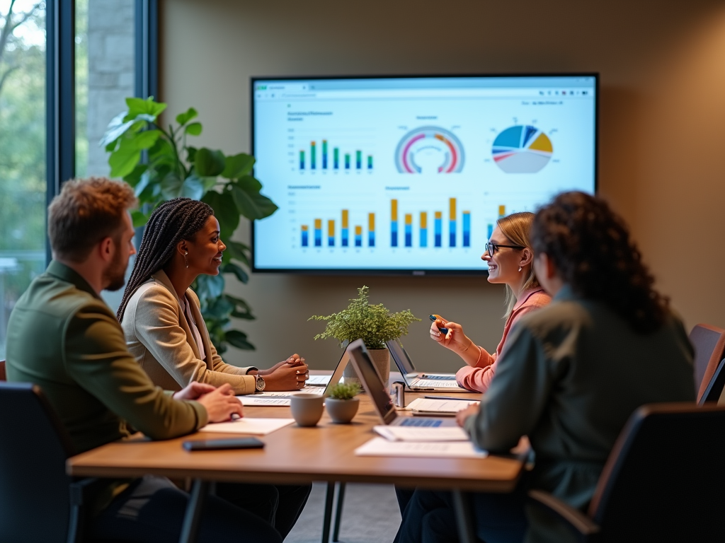 Four professionals discussing graphs and charts on a large screen in a modern office meeting room.