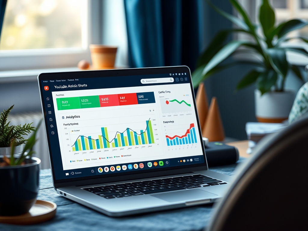 A laptop displaying YouTube analytics with colorful graphs and charts, plants, and a cozy workspace in the background.