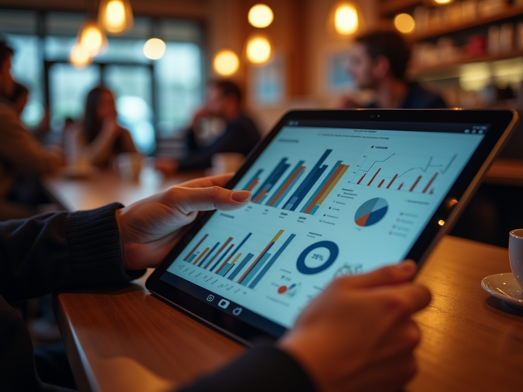 Person holding a tablet displaying charts and graphs during a meeting in a cafe.