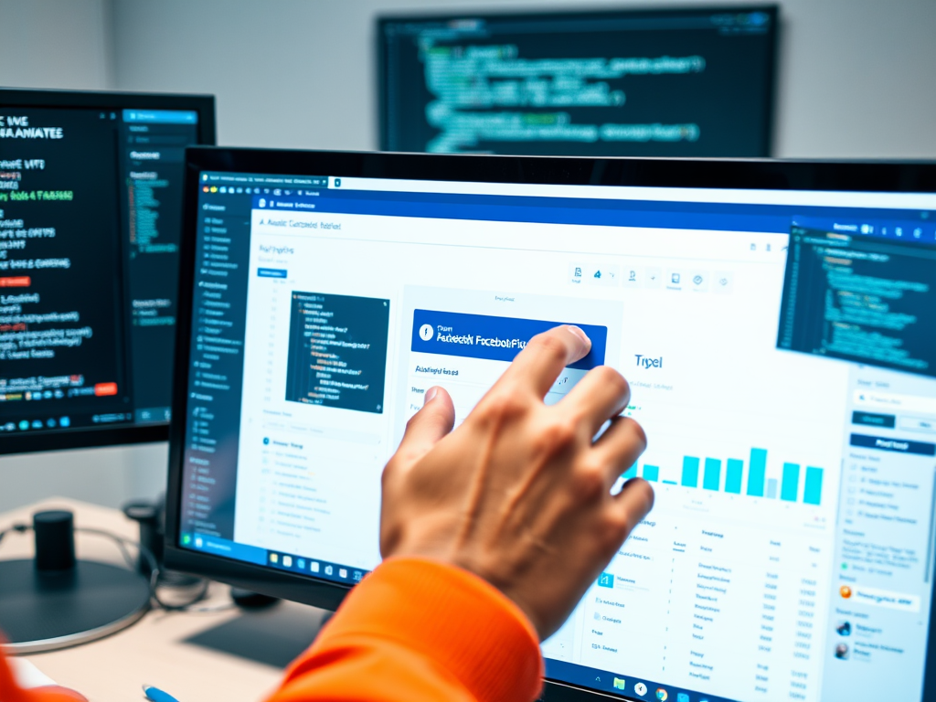 A person interacts with two computer screens displaying code and data analysis in a modern workspace.