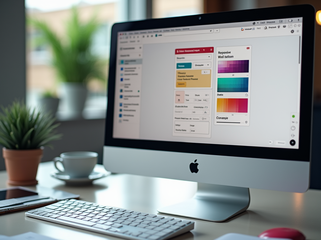 A desktop computer displays a design interface with color palettes and a project menu, next to a cup and plant.