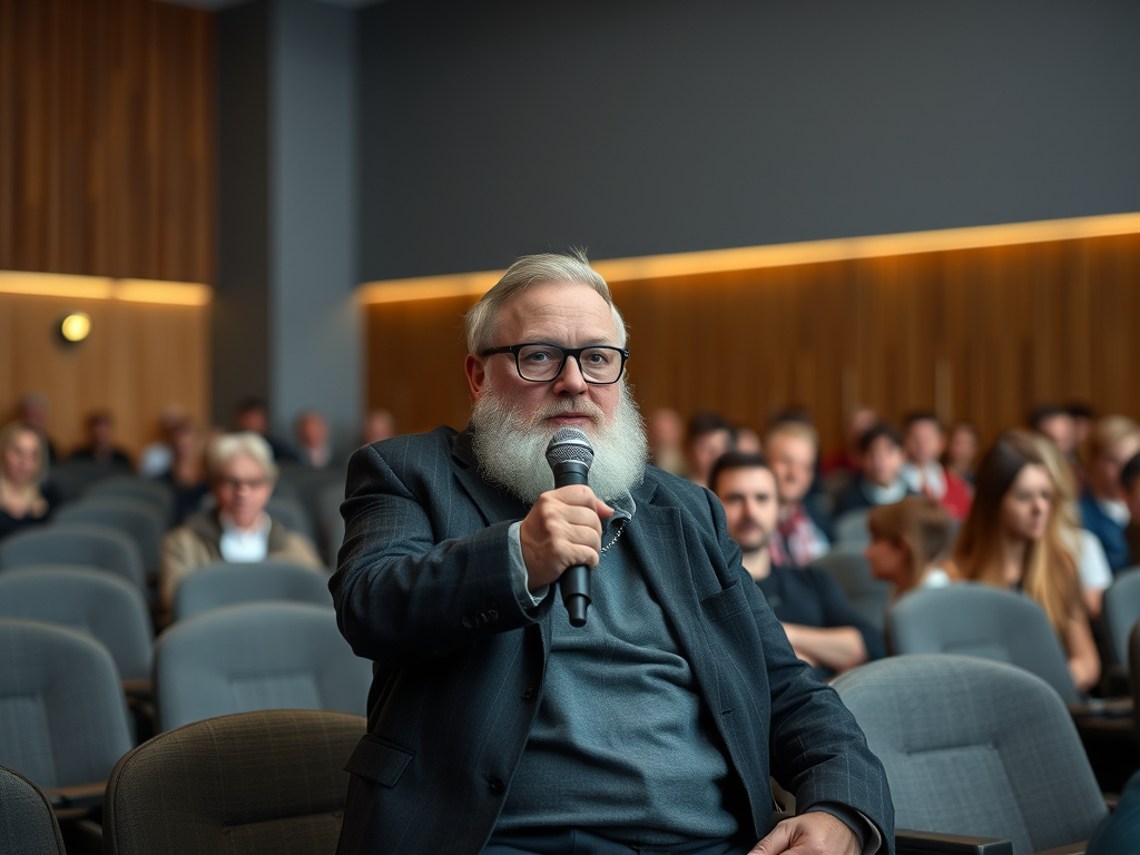 A man with glasses and a beard holds a microphone, seated in a crowded conference room.
