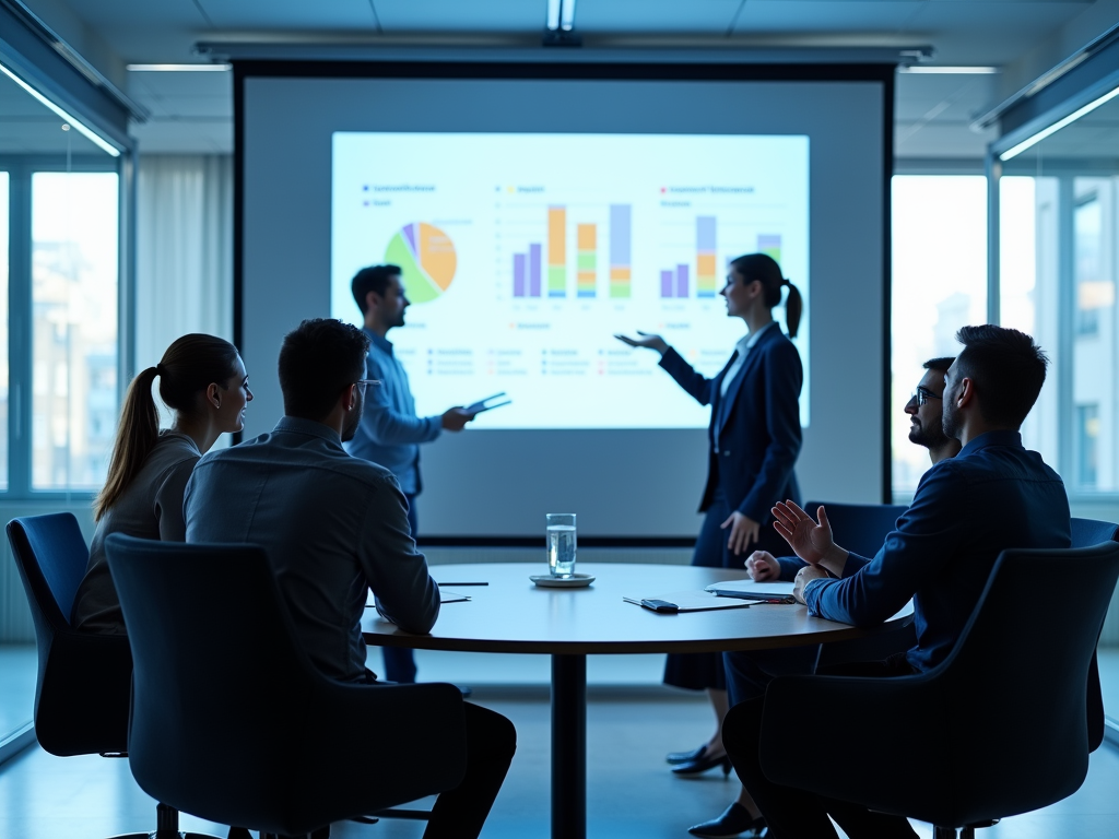 Business presentation in progress with four individuals discussing a data chart on a screen in a meeting room.