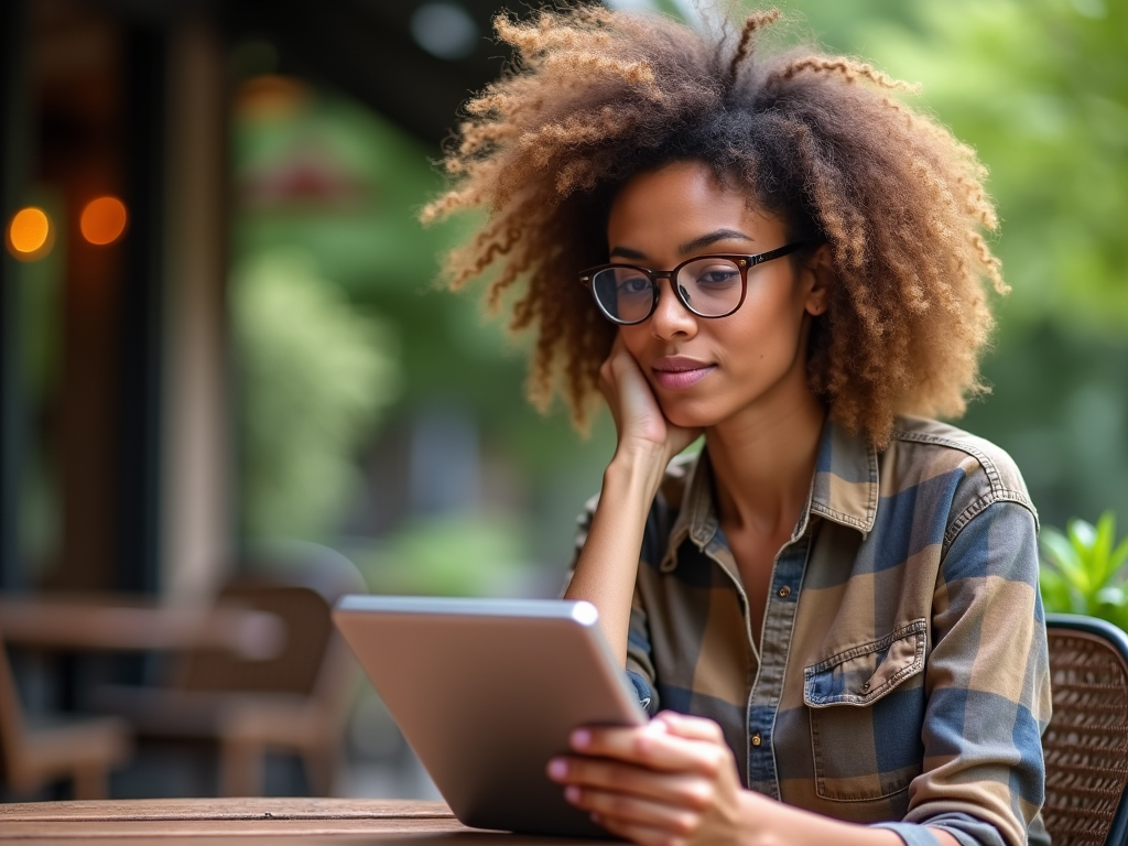 Young woman with glasses using a tablet at an outdoor cafe table.