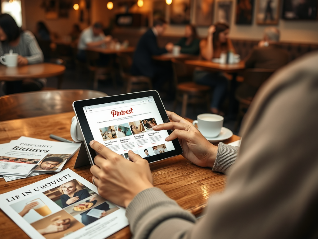 A person using a tablet to browse Pinterest, with magazines and a cup of coffee on a wooden table in a café.
