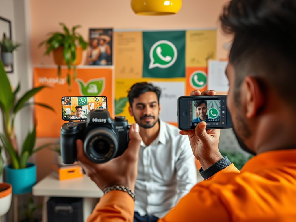 A man is being filmed in an office with WhatsApp logos on the wall, while another records him with a smartphone.