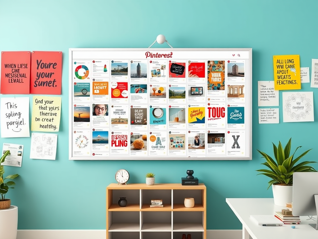 A colorful wall display featuring various Pinterest boards, motivational quotes, and a stylish workspace setup.