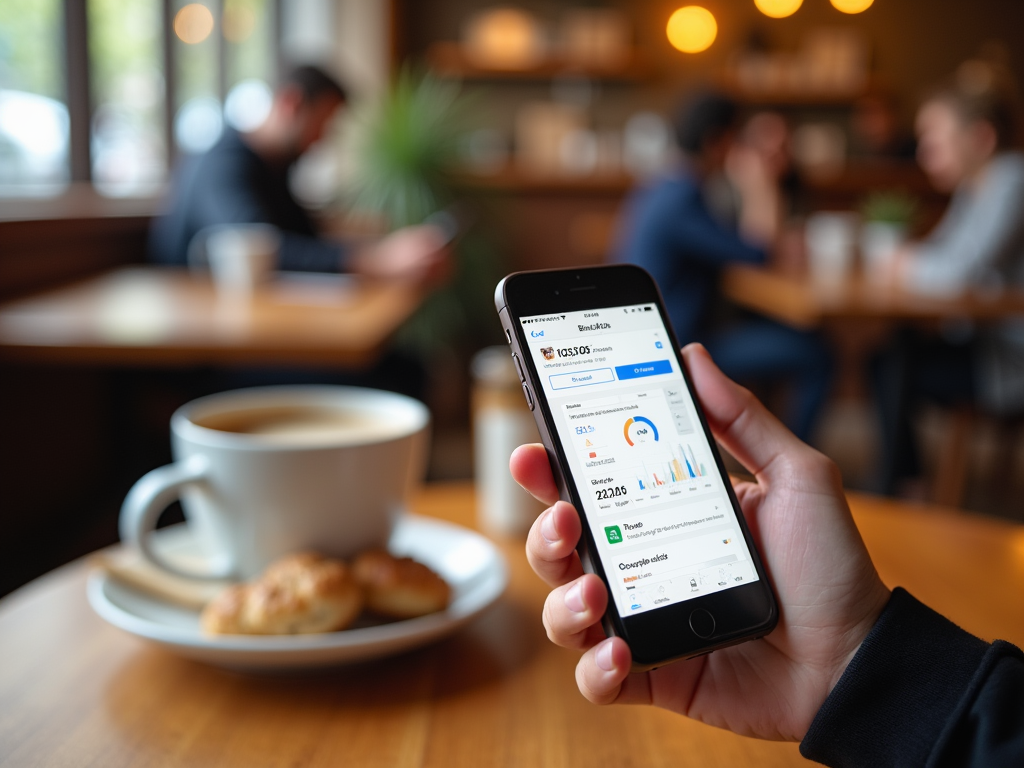 Person holding smartphone with finance app visible, coffee and cookies in focus, in a café setting.