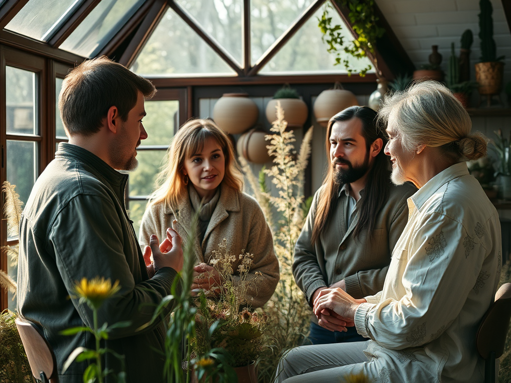 A group of four people engaged in conversation in a bright, green-filled indoor space.