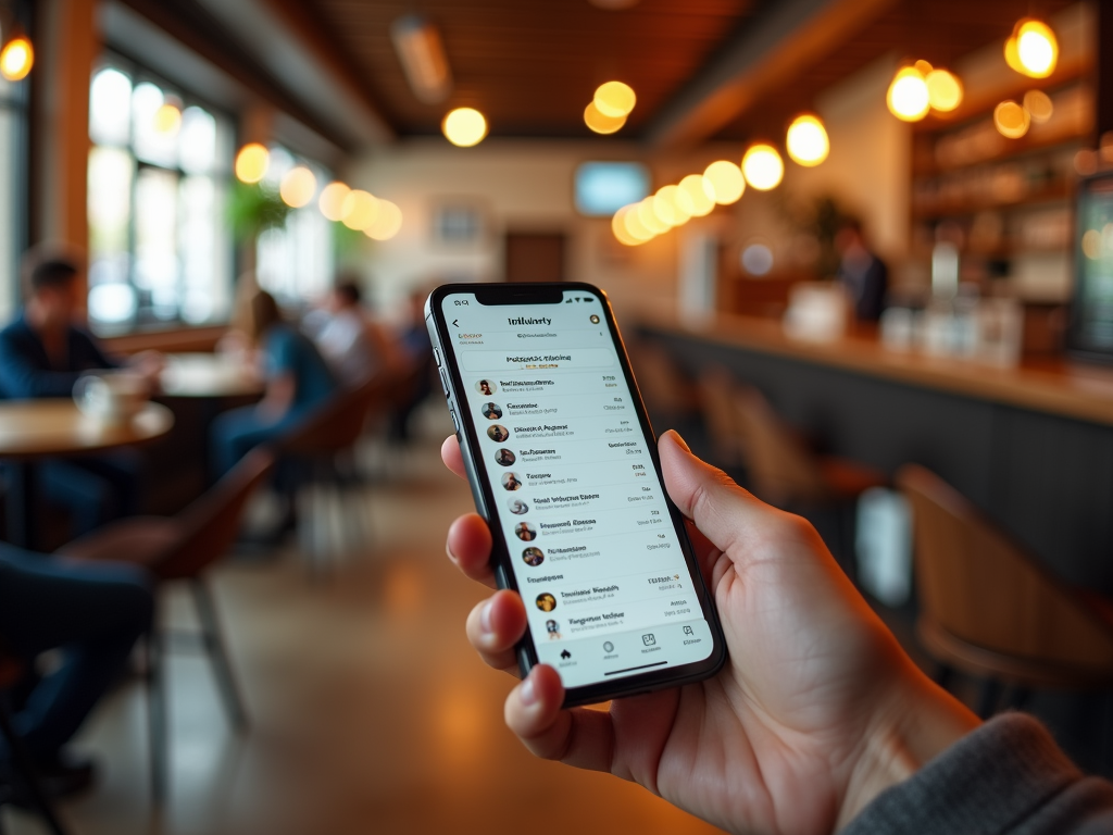 Person holding smartphone displaying an app with a list in a cafe, blurred background of patrons.