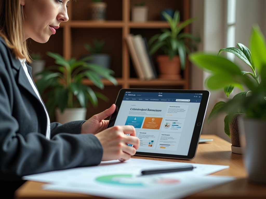 A woman using a tablet at a desk, exploring a website, with plants and documents nearby.