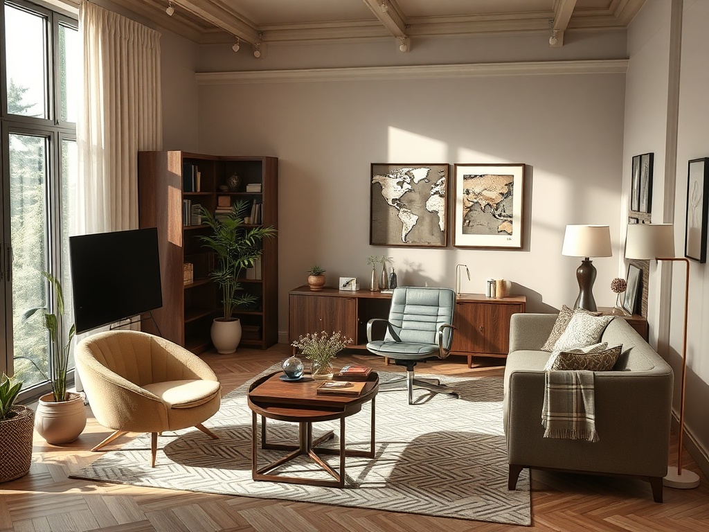 A stylish living room featuring modern furniture, a globe map on the wall, and ample natural light.