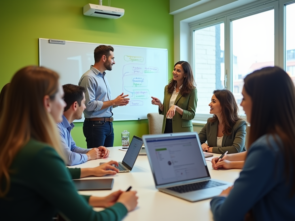 Professionals in a bright office engaged in a presentation with a whiteboard.