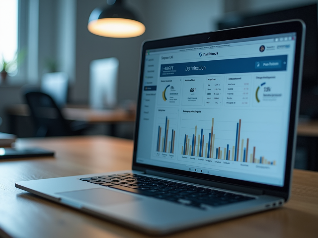 A laptop on a wooden desk displays a detailed dashboard with graphs and metrics in a modern office setting.