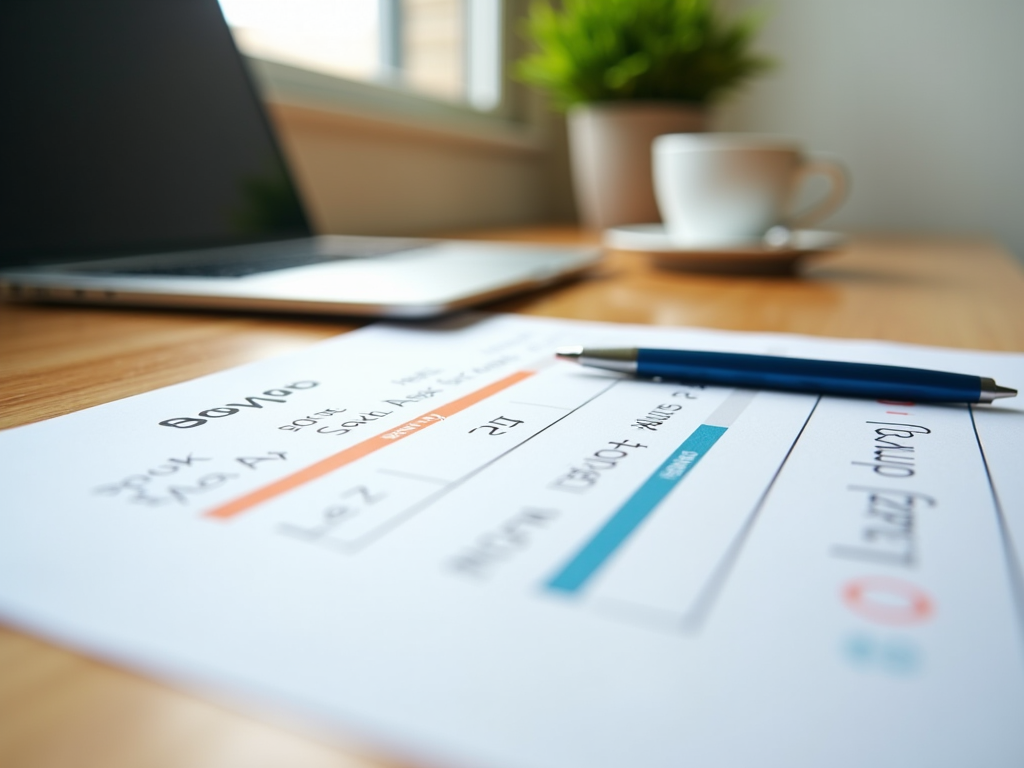 Close-up of a business plan document with pen, laptop, and coffee cup on wooden desk.