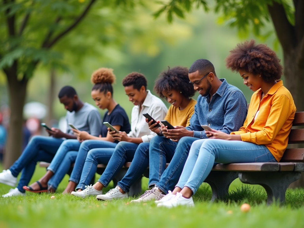 Five people using smartphones while sitting on a park bench, surrounded by trees.