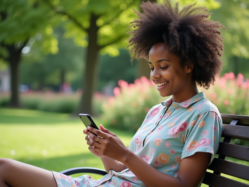 A young woman with curly hair sits on a bench, smiling while using her smartphone in a park.