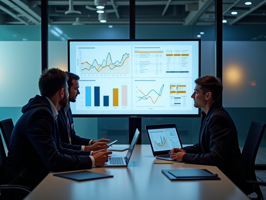 Three businessmen discuss data charts on screens in a modern office at night.